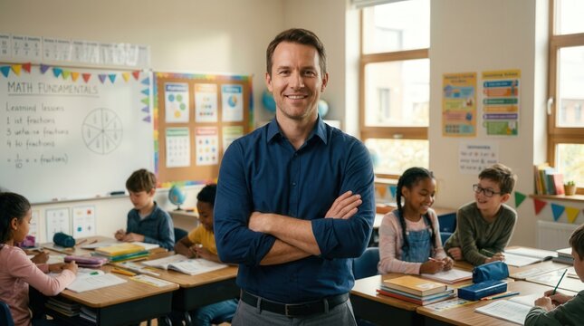 Portrait of a smiling male teacher in a bright classroom with students during a back to school session.