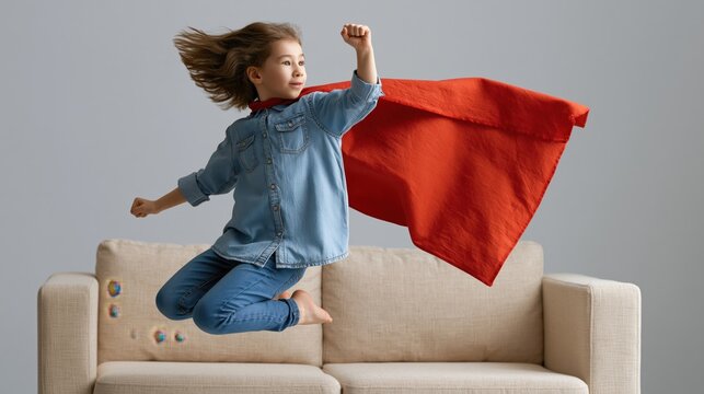 Young girl in a homemade superhero costume jumps joyfully from a couch