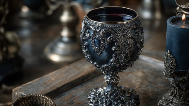 Elegant baroque black wine glass on reflective surface with intricate ornate design, luxurious and sophisticated concept for dining, drinking, and stylish table setting