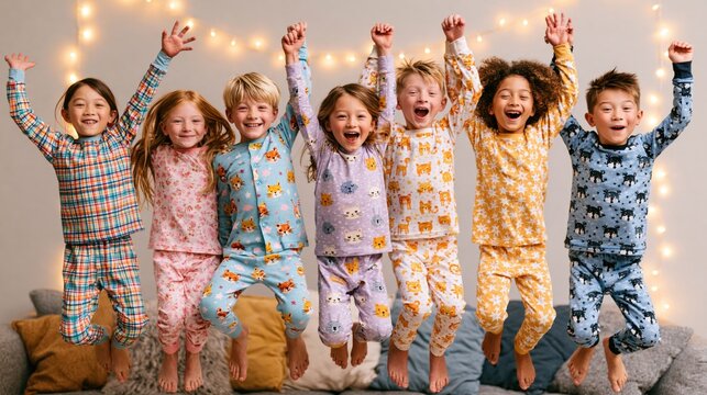 Diverse group of happy children in colorful pajamas jumping together with joy