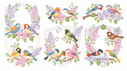 Fototapeta premium Spring Birds & Lilac Blossoms - Decorative Ornithology Set
