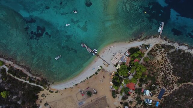 Aerial view of budihovac island beach and turquoise sea in vis croatia
