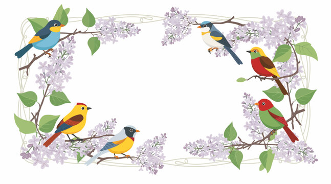Spring Birds and Lilac Blossom Border, Nature Frame, Cute Vector Illustration