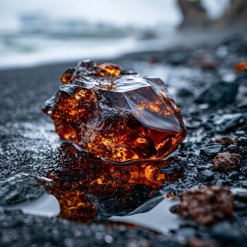 Amber like chunk of crystal on wet volcanic sand with ocean backdrop