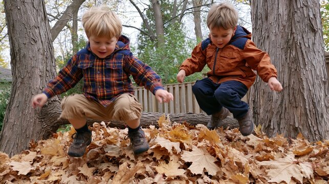 Two young boys jumping into a pile of autumn leaves from a low tree branch