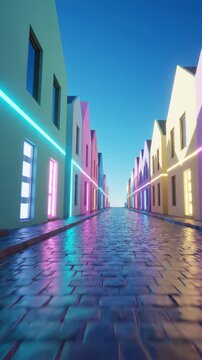 A vibrant neon-lit street at dusk, colorful buildings and reflective cobblestones creating a futuristic, retro vibe, ideal for gaming or electronic music visuals