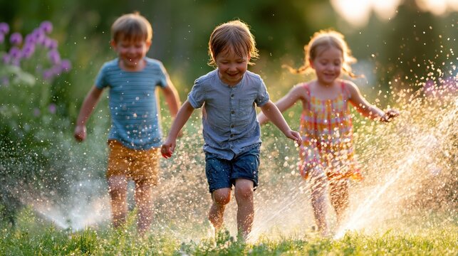 Joyful children running through garden sprinklers on a sunny summer day