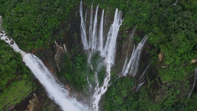 Aerial View of Seven Sisters Falls During Monsoon in Cherrapunji, Meghalaya