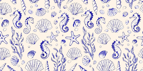 Marine Life Pattern A Repeating Sketch Of Seashells And Seahorses © Suvro