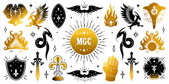 Heraldic Elements And Fantasy Symbols Black And Gold Vector Illustration