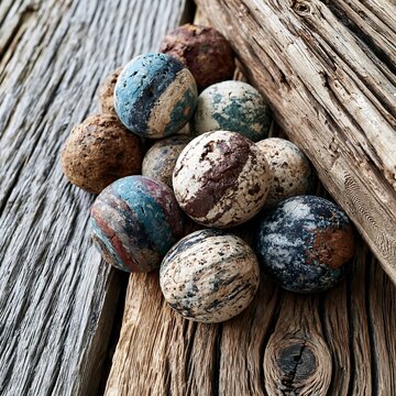 Rustic Marble Collection Displayed on Weathered Wood Surface