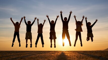 Obraz premium Children jumping in silhouette against a golden sunset sky