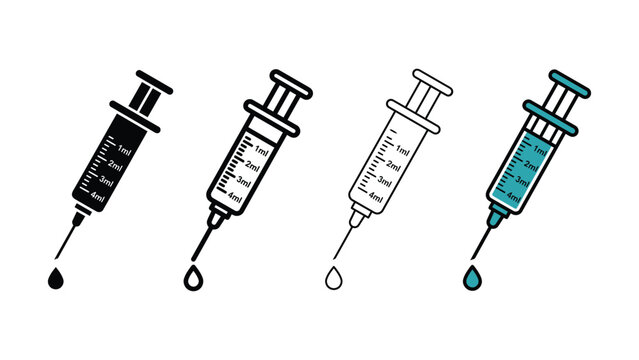Four stylized syringes with droplet illustrations in black and teal on a white background for medical concepts