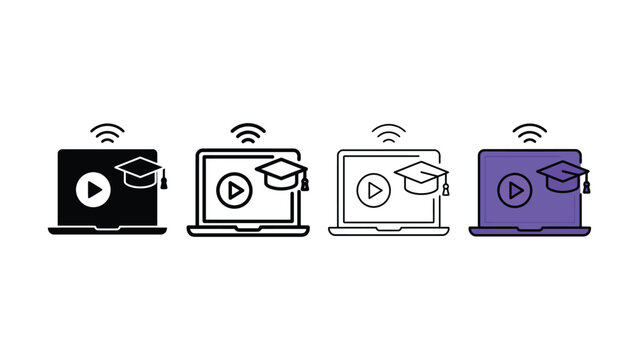 Four variations of a graduation cap on a laptop with a play button flat icon set on a white background