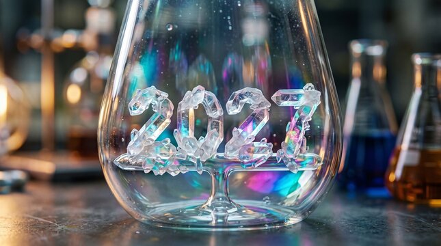 Crystal glass with 2027 engraving on laboratory table with beakers
