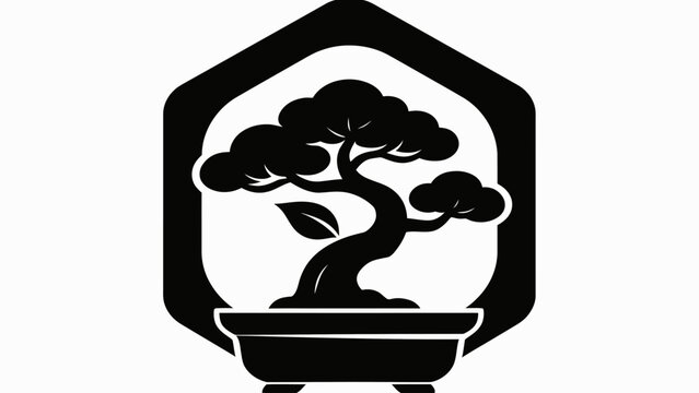 Black and white bonsai tree illustration in pot.