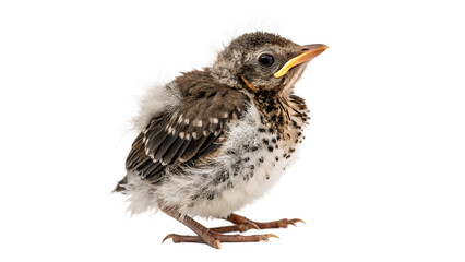 Small spotted wild bird nestling fieldfare chick standing looking alert isolated on transparent background cut out © 1png-stock