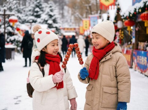 Two children smiling at each other with candied hawthorns in a snowy market