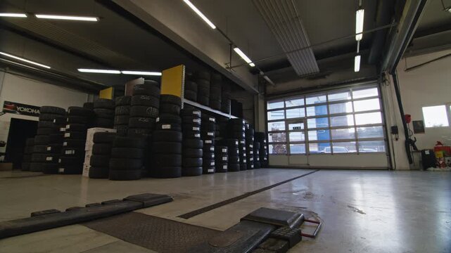 Professional car repair service's interior, spacious workshop with clean, organised bays and hydraulic lifts for vehicle access.