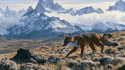 Fototapeta premium Patagonian fox runs through Patagonia mountains.