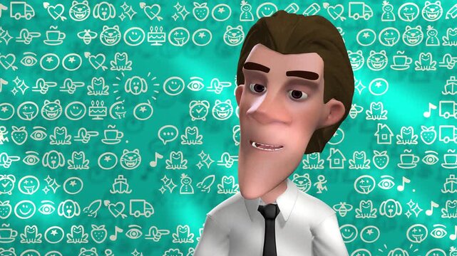 3d animation, a cartoon character talking on blue background with toons or graphics symbols