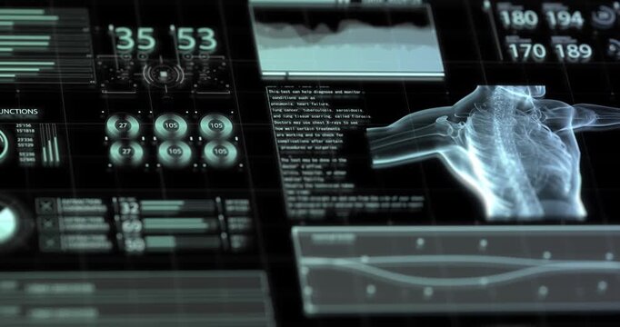 A futuristic medical interface displays a glowing x-ray of a human torso beside diagnostic text, graphs, and counters.