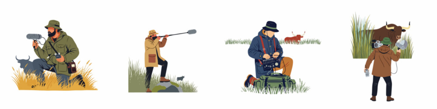 Illustrations of field sound recordists and wildlife filmmakers capturing audio and video of bulls in various outdoor settings.
