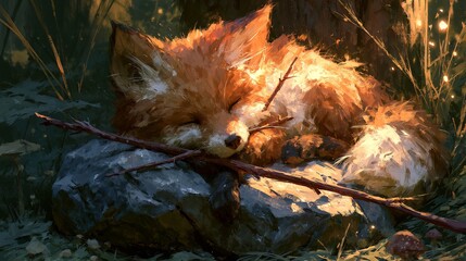 Fototapeta premium Fox cub with a twig rested by a rock in a magical woods.