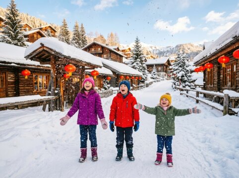 Happy children playing in a snowy winter village with traditional red lanterns