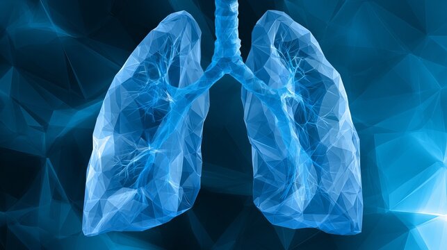 Blue lungs, anatomical view, connect with trachea. Medical concept in low-poly style on a geometric background.