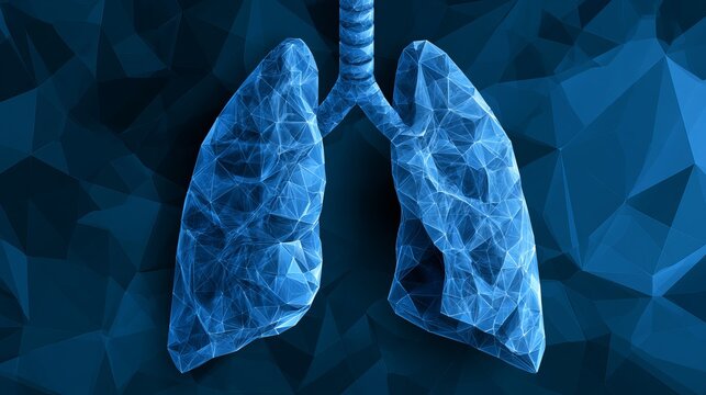 Blue lungs, anatomical view, connect with trachea. Medical concept in low-poly style on a geometric background.