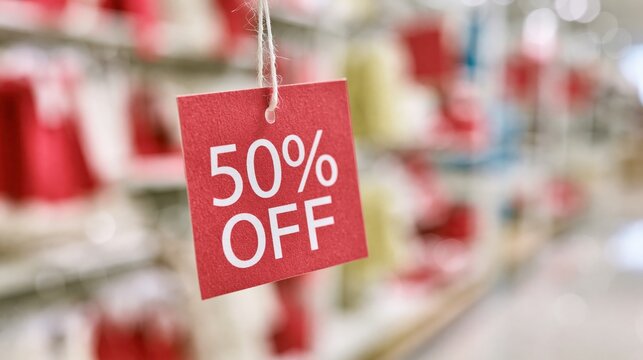 Elegent photo of A red 50 percent off sale tag hangs in a retail store with blurred background. This image illustrates discount shopping and seasonal promotions.