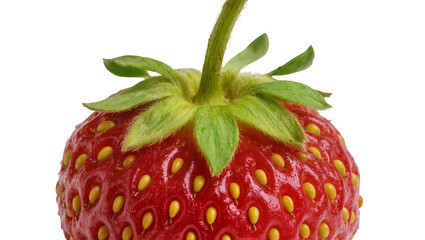 Isolated fresh ripe red strawberry fruit with green stem and leaves close-up macro © Oisin