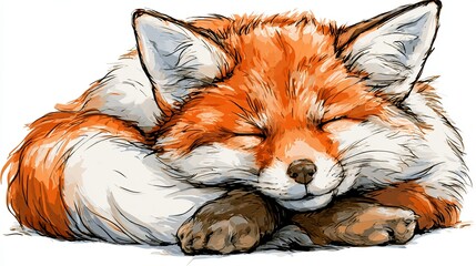 Fototapeta premium Cute young fox rests. Ideal for kids' books, stickers, or as a friendly mascot. This drawing is on a white backdrop.
