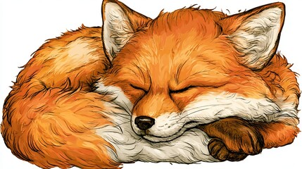Fototapeta premium Cute young fox rests. Ideal for kids' books, stickers, or as a friendly mascot. This drawing is on a white backdrop.