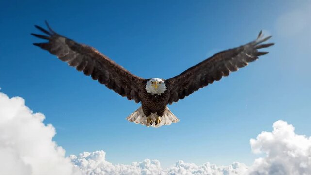 Eagle flying in the sky with clouds and blue background in a looped animation