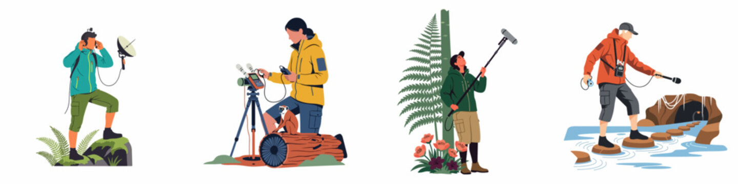 Set of illustrations depicting professional field researchers and sound recordists capturing nature and wildlife audio in various outdoor environments.