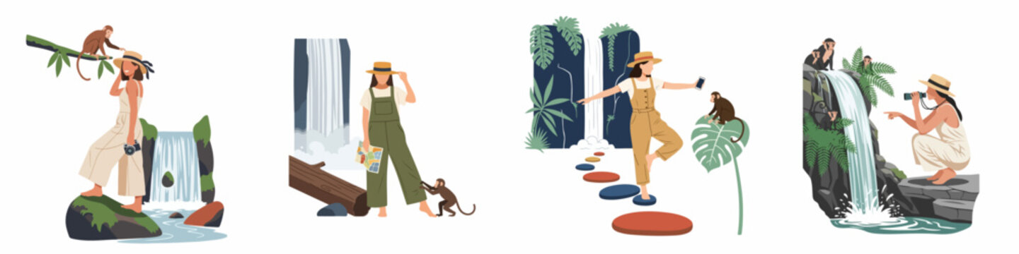 Set of flat illustrations depicting a female traveler exploring waterfalls, taking photos, and interacting with monkeys in a tropical jungle setting.