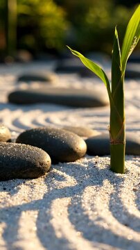 Zen garden with raked sand patterns, dark smooth stones, and a young bamboo sprout, bathed in warm sunlight, promoting tranquility and mindfulness
