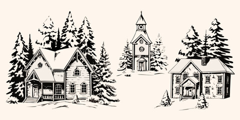 Winter village illustrations with coniferous trees sketched vector artwork © Hemlata