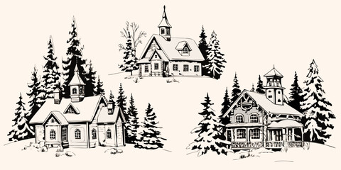 Winter village illustrations with coniferous trees sketched vector artwork © Hemlata