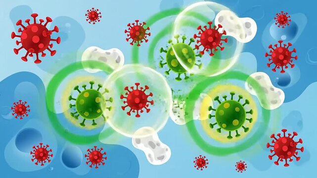 Medical Illustration of Viruses Infecting Cells, Depicting Red Viruses and Green Cells in a Scientific Biological Background
