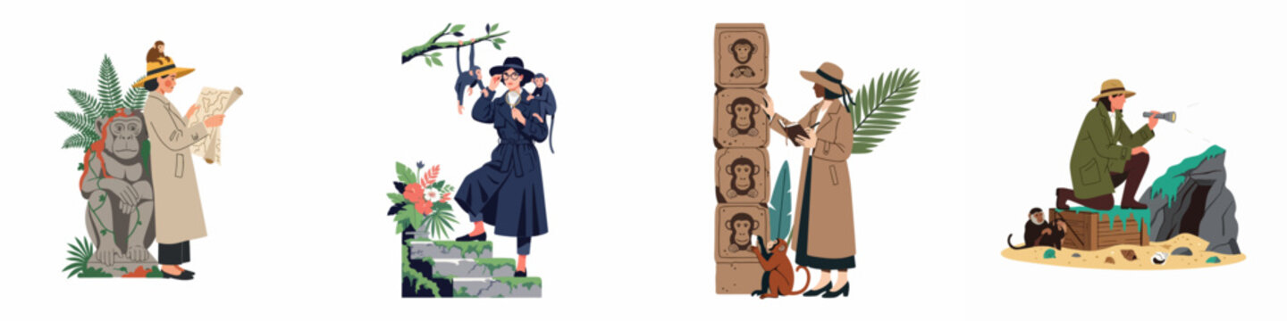 Set of flat vector illustrations featuring female archaeologists and explorers investigating ancient ruins and artifacts with monkeys in a tropical jungle.