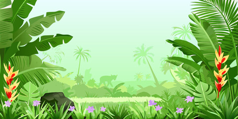 Tropical jungle landscape illustration vector artwork with lush vegetation and wildlife © Hemlata