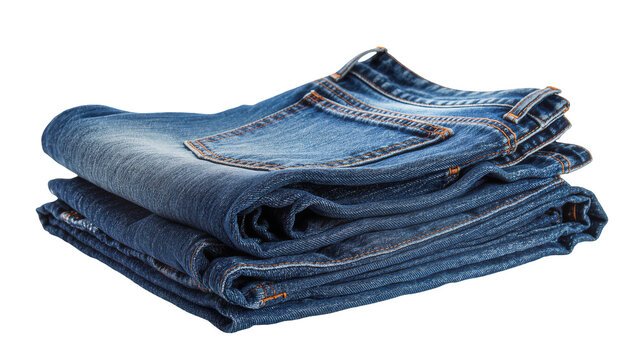 Isolated stack of neatly folded blue denim jeans, classic durable fabric and orange stitching detail.