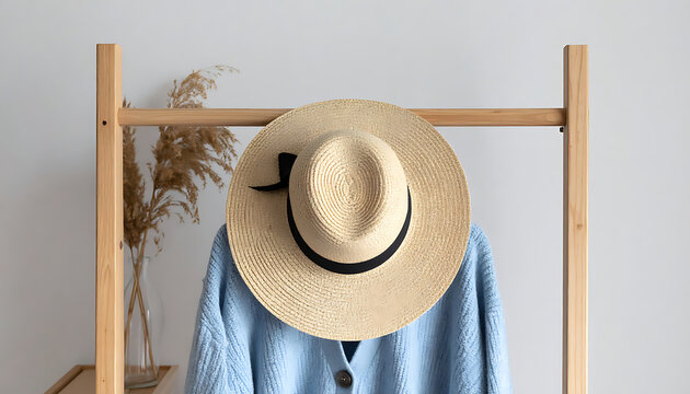 Fashionable hat on clothing rack with blue shirt.