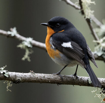 Male Flame Robin Perched on a Lichen-Covered Branch in Australian Woodland