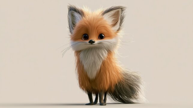 Furry fox stands alone on a plain background.