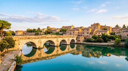 Naklejka premium Scenic Stone Bridge Over Calm River with Historic Town Reflection