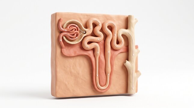 Kidney nephron cutaway block showing the glomerulus and tubule structure